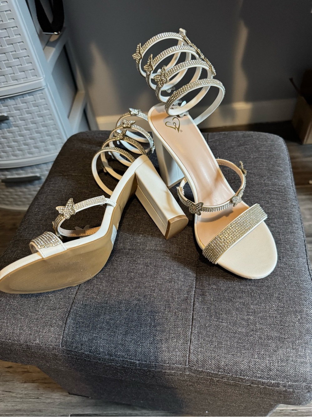 Women's Ivory Rhinestone Block Heel Sandals